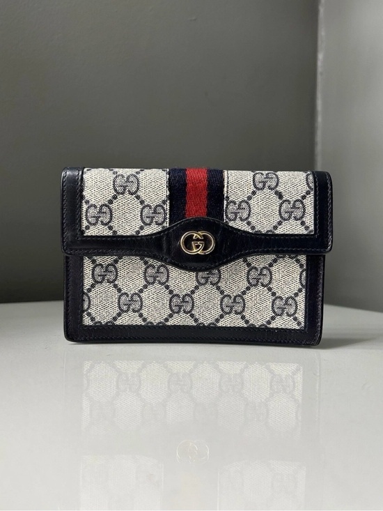 Gucci Handbags - Gucci Web Navy Sherry Line GG Coated Canvas Clutch